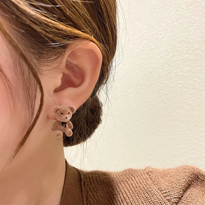 Flocking Velvet Rabbit Bear Stud Earrings for Women Fall Fashion Kawaii Animal Earrings Girls Korean Kids Jewelry Brincos Gifts