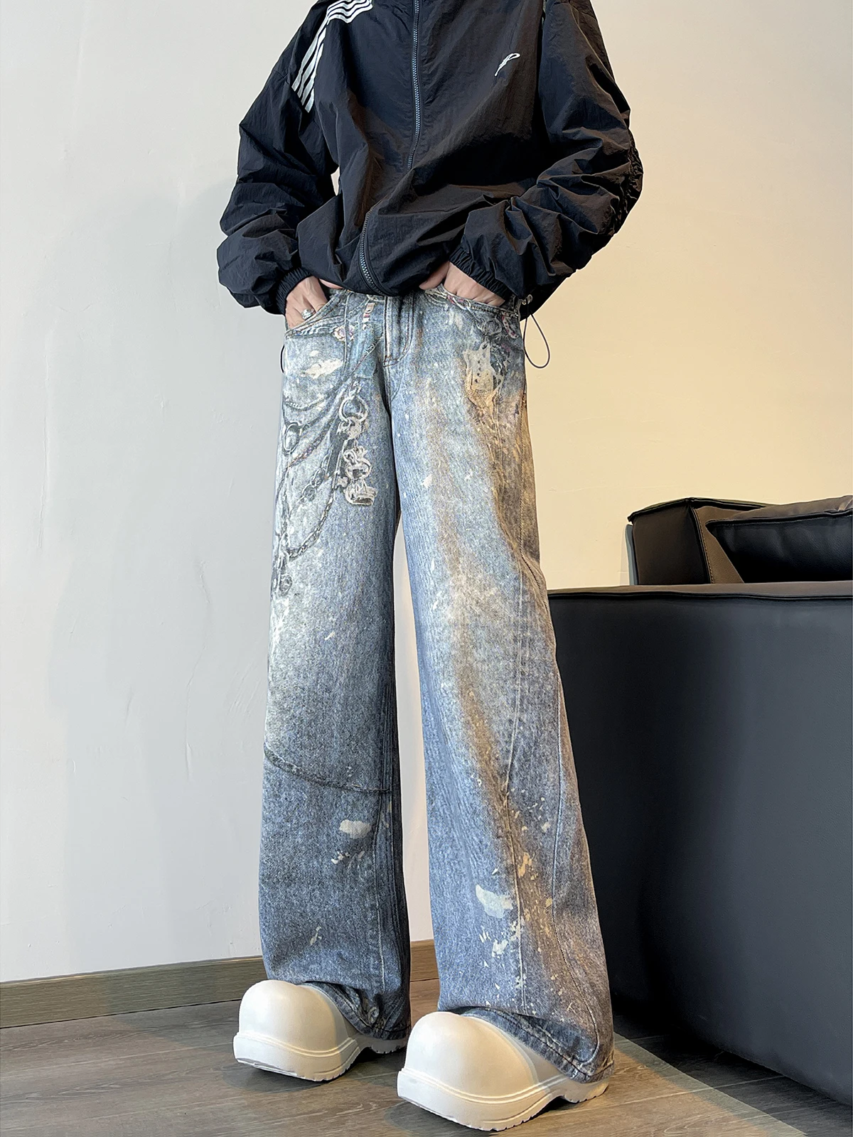 

Digital Print Splatter Denim Jeans Men Women Slim Fit Washed Loose Straight Leg Floor-Length Micro Flared Pants Summer New