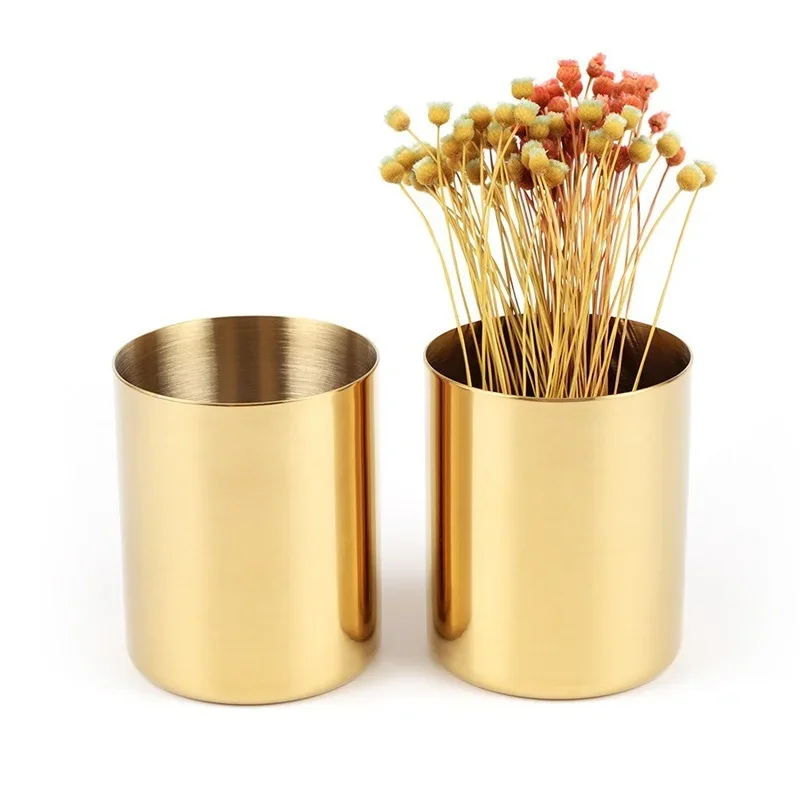 Pencil Cup Holder Pen Pot Makeup Brushes Holder Desk Stationery Organizer Stainless Steel (Gold)