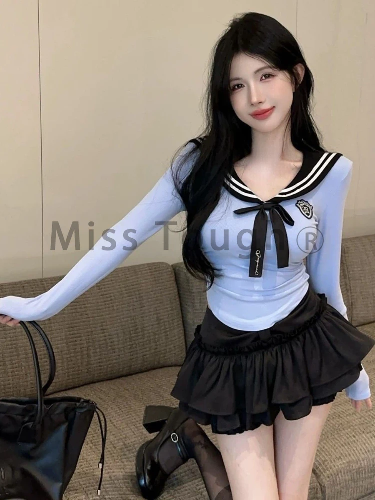 Japanese Sweet Party Two Piece Set Women Sailor Collar Elegant Tops + Mini Skirt Sets Korean Fashion Ruffle Kawaii Suit Autumn