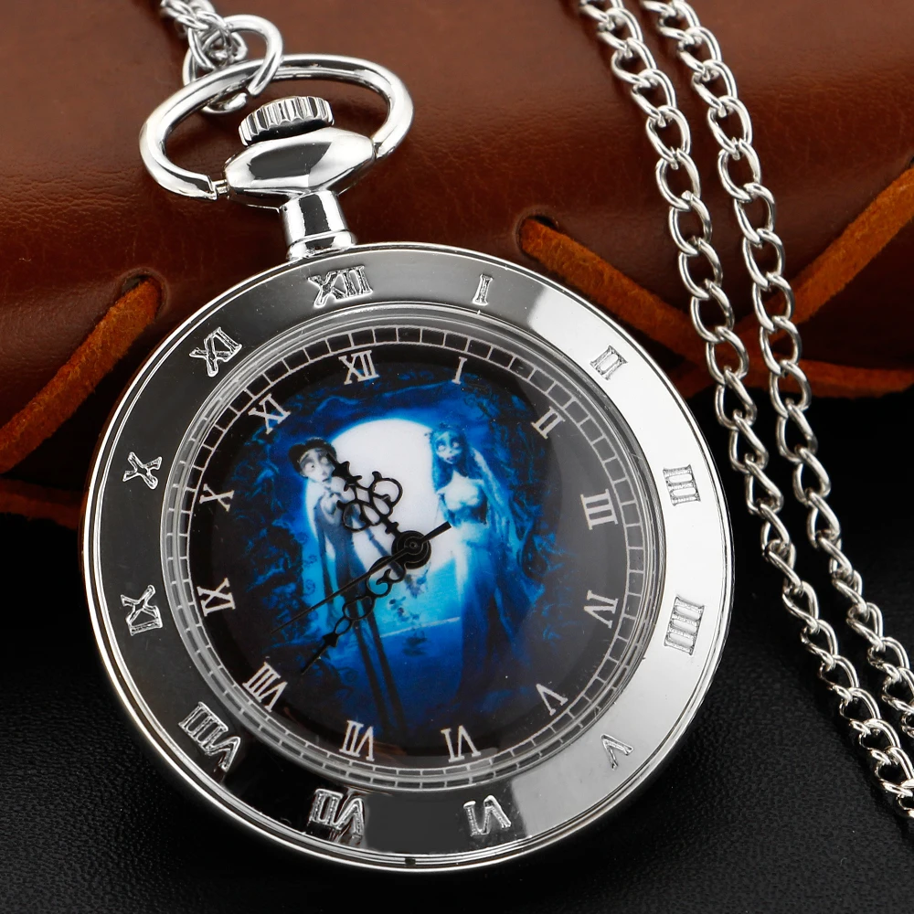 

Silver Ghost Bride and Groom Quartz Pocket Watch Vintage Gentleman Style Series Necklace Pendant Clock Gift Wedding Souvenir