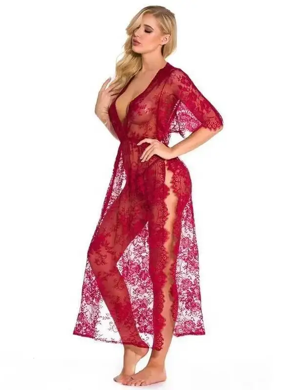 Conjunto de roupas de renda cama paixão longo feminino plus size sexy camisola erótica pequeno peito transparente cor sólida vestido elegante 8qhb
