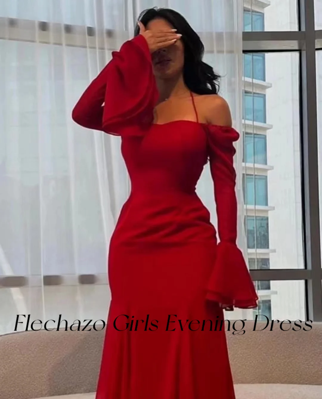 Flechazo Red Evening Dresses Halter Neck Off Shoulder Mermaid Ankle-Length Party Dress For Women 2024 vestidos para mujer