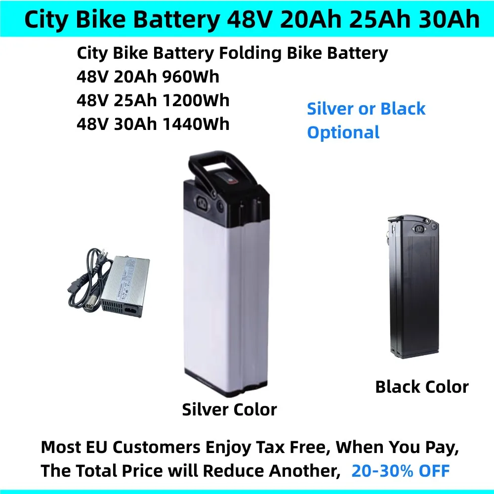 

Silver Fish Electric Bike Battery 48V 20Ah 25Ah 30Ah City Commuter Bike Ebike Battery with Charger 500w 750w 1000w