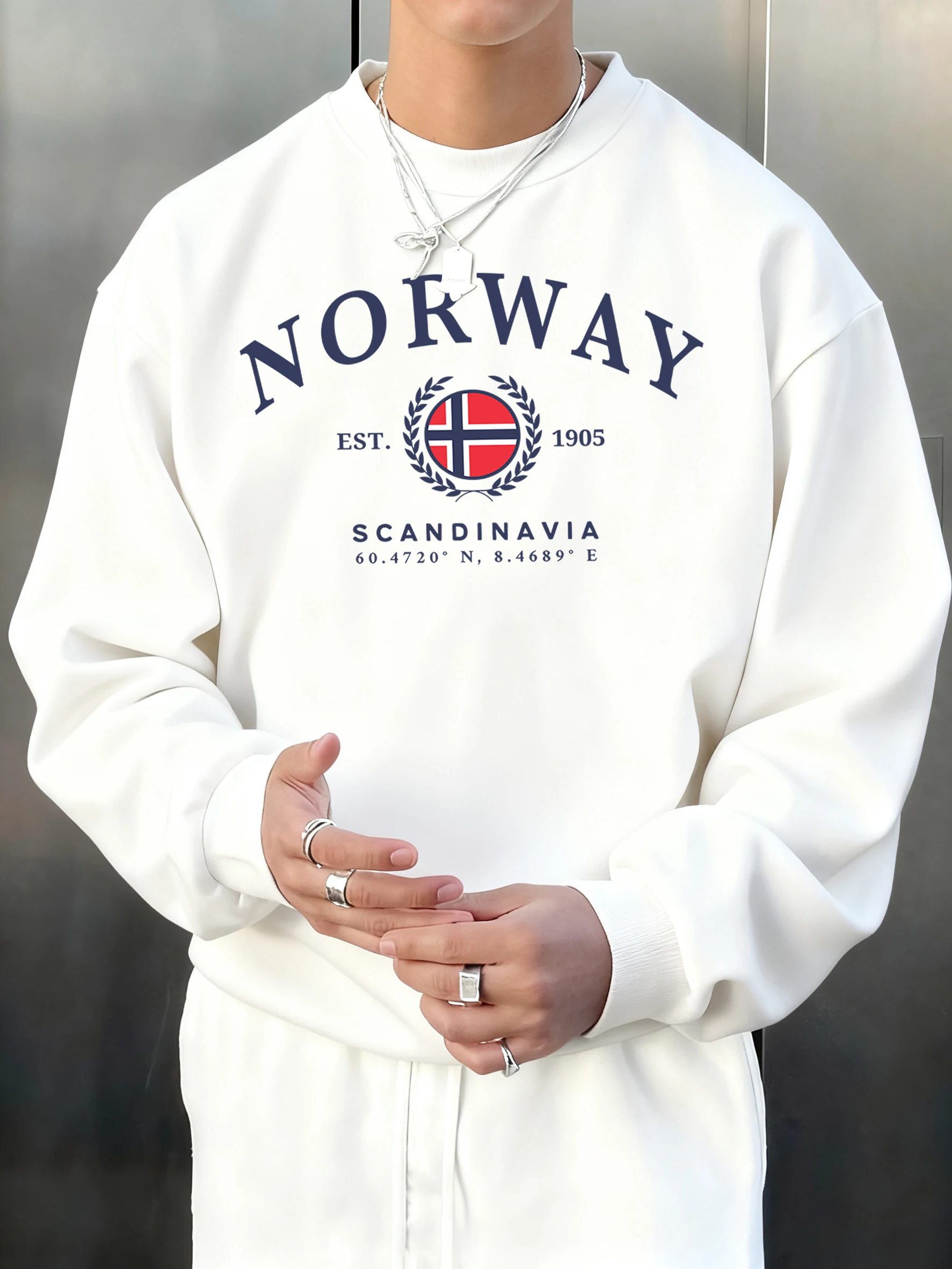 Camisa informal de lana con estampado creativo de la bandera de Noruega y Escandinavia para hombre, jersey holgado con cuello redondo para otoño, ropa deportiva cómoda para correr