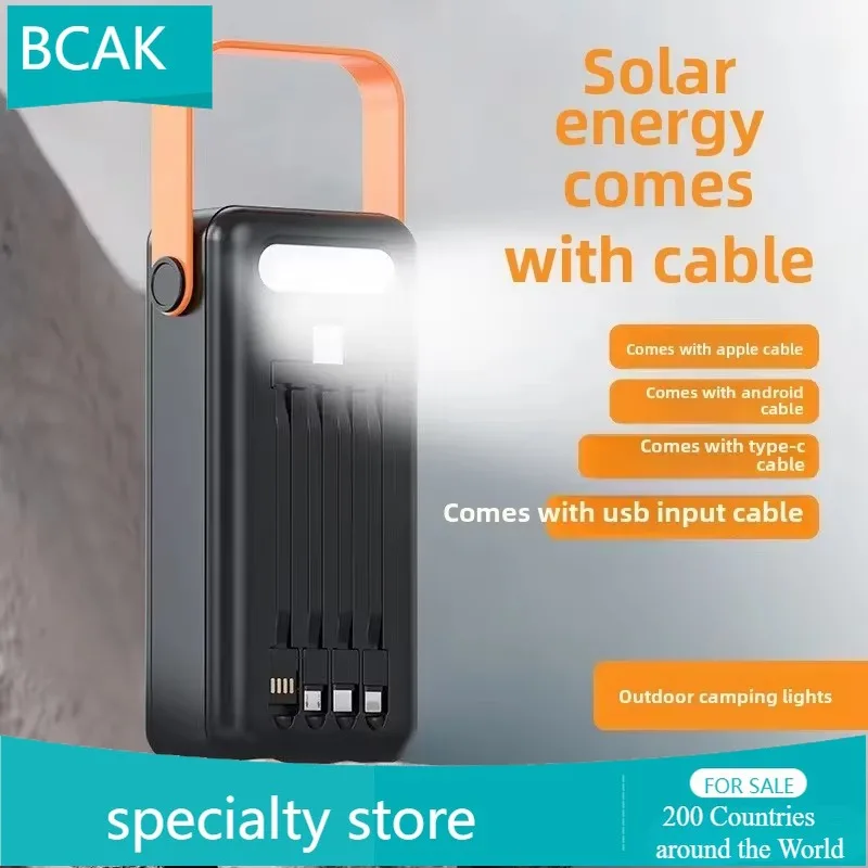 New BCAK Solar Power Bank Wholesale Own Cable 50000 MAh 200000mah Large Capacity Outdoor Portable Mobile Phone Mobile Power Supp