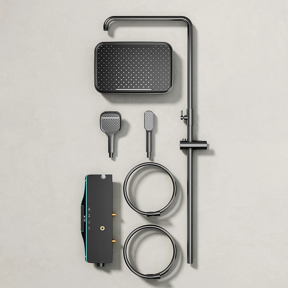 Chiave per pianoforte Grigio Bagno Display digitale Rubinetto Sistema doccia Set Vasca da bagno Calda e fredda Rubinetto a 3 funzioni Set doccia intelligente