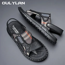 2024 Man Slippers Fashion Men's Sandals Beach Shoes 2024 Summer Men Driving Outwear Sandals Trendy Leather Soft Sole Anti slip