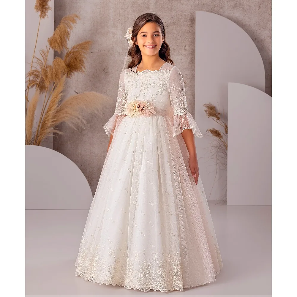 Customized Lace Flower Girl Dress for Wedding 2026 A Line Flower Sash Ball Gown Tulle Square Neck A Line Princess Kid's Gowns