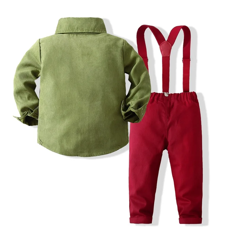 Kids Boys Fashion Gentleman 2Pcs Outfit Shirt Suspender Pants Bow Tie Formal Suit for 90-130cm