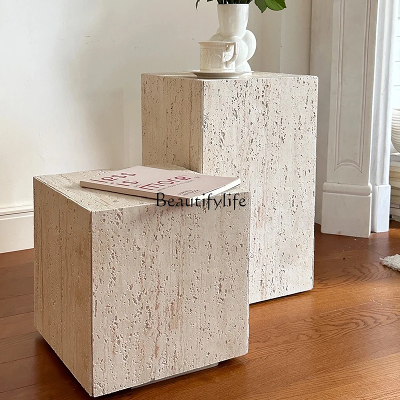 Living room marble flower stand hotel sculpture natural yellow travertine column ornament display stand