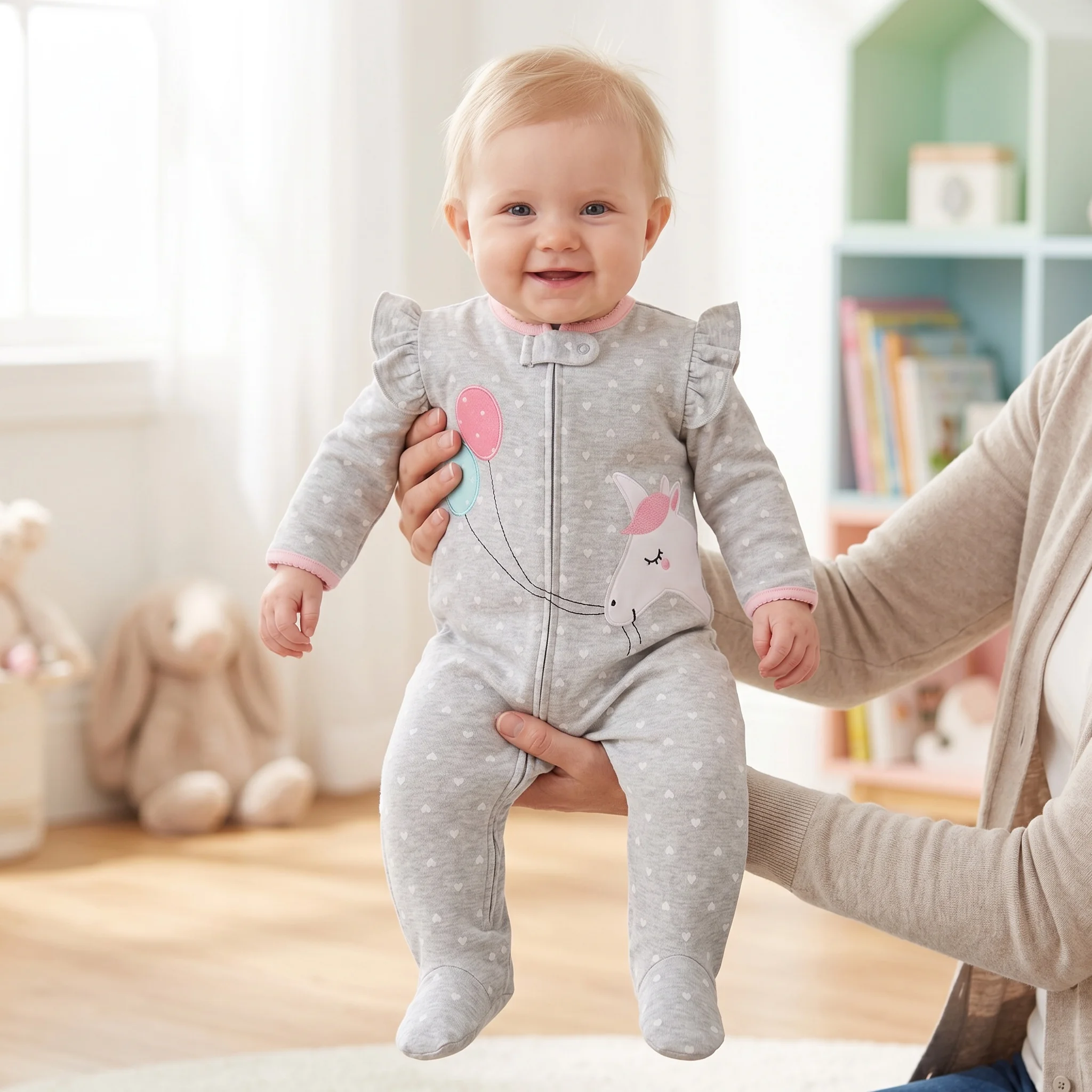 Cotton Baby Footed Romper with Ruffle Sleeve Heart&Polka Dot Print Cartoon Embroidery Zip Onesie for 3-9M Baby Girls All Season