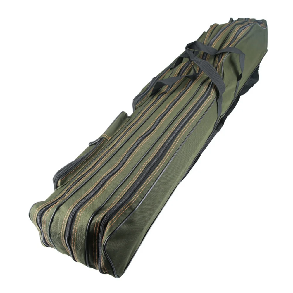 

Bag Waterproof Canvas Double Layer Fishing Rod Case Rubber Bottom 3 Compartments 2 Pouches Adjustable Strap Tote Backpack For