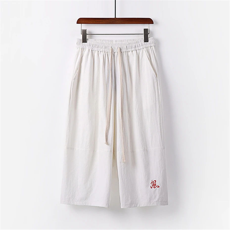 Linen Pants Men Plus Size 9XL Calf-length Pants Chinese Embroidery Design Fashion Casual Wide Leg Pants Male