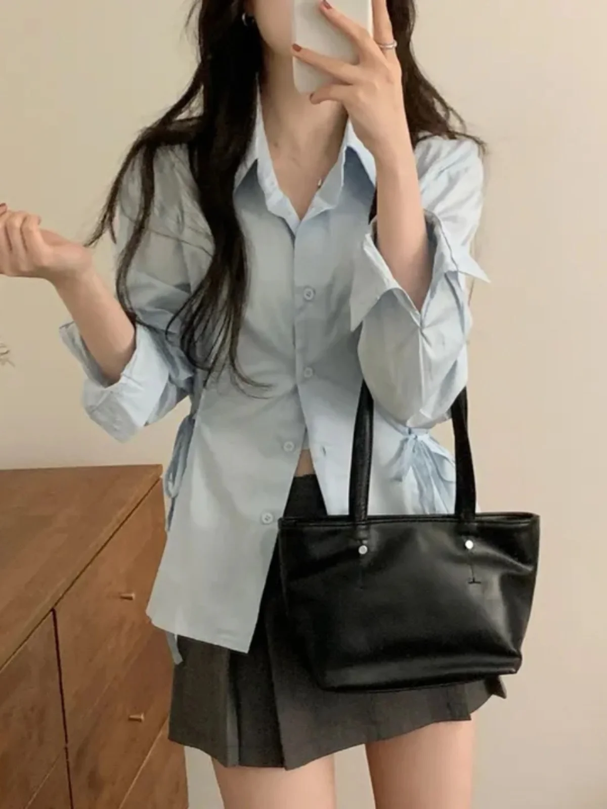 Koreanisches Sle Side Bow Waist Cinching irt Damen-Ele White Top Frühling 2025, Neuankömmling Slim Fit Long Sve Ne