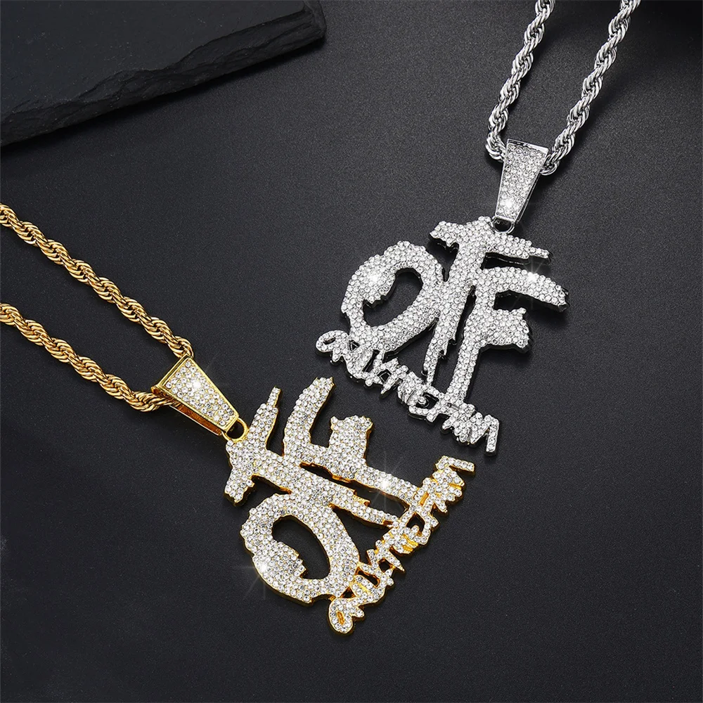 Hip Hop Big OTF Letter Pendant Necklace For Men Women Iced Out CZ Stones Paved Rapper Charm Necklaces Fashion Party Jewelry Gift