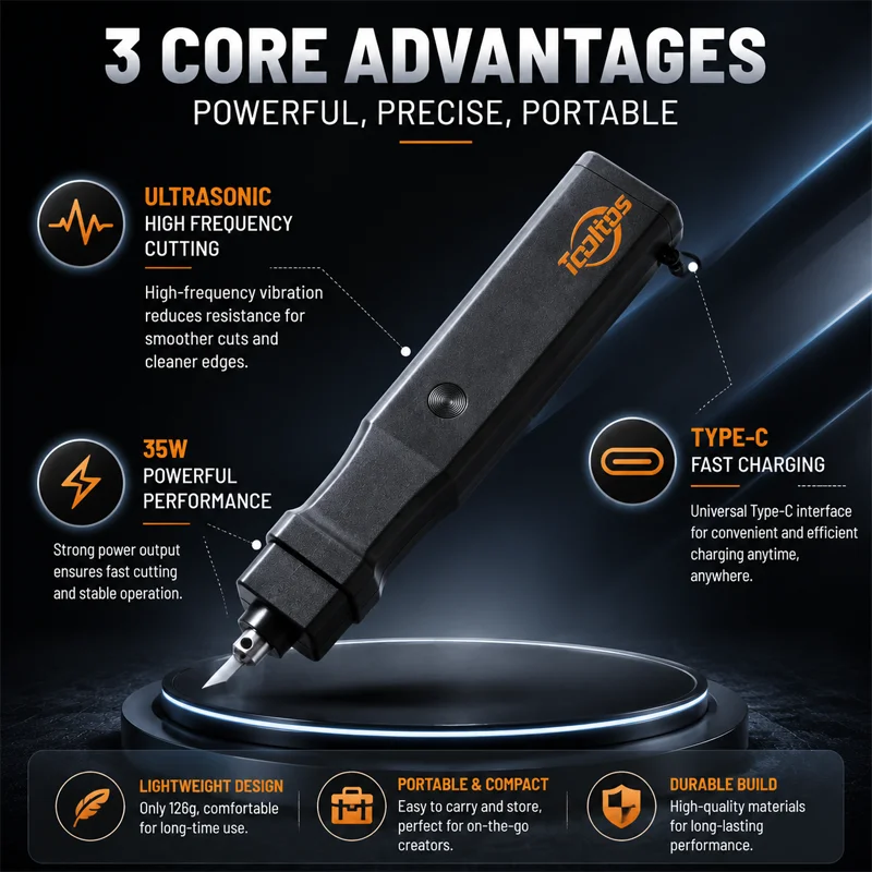 PHYHOO Professional Ultrasonic Cutter 35W 20KHz Handheld Precision Craft Knife Tool Type C Rechargeable Kit for 3D Printing Foam
