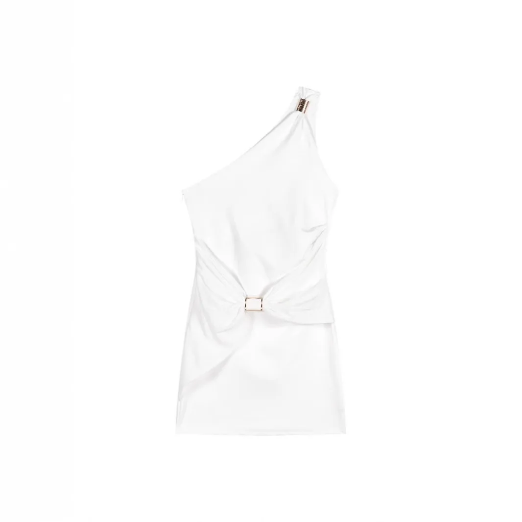 Slant Shoulder Sleeveless Dress For Women's Summer Design, Short Skirt, Pleated Waist Bag, Hip Skirt