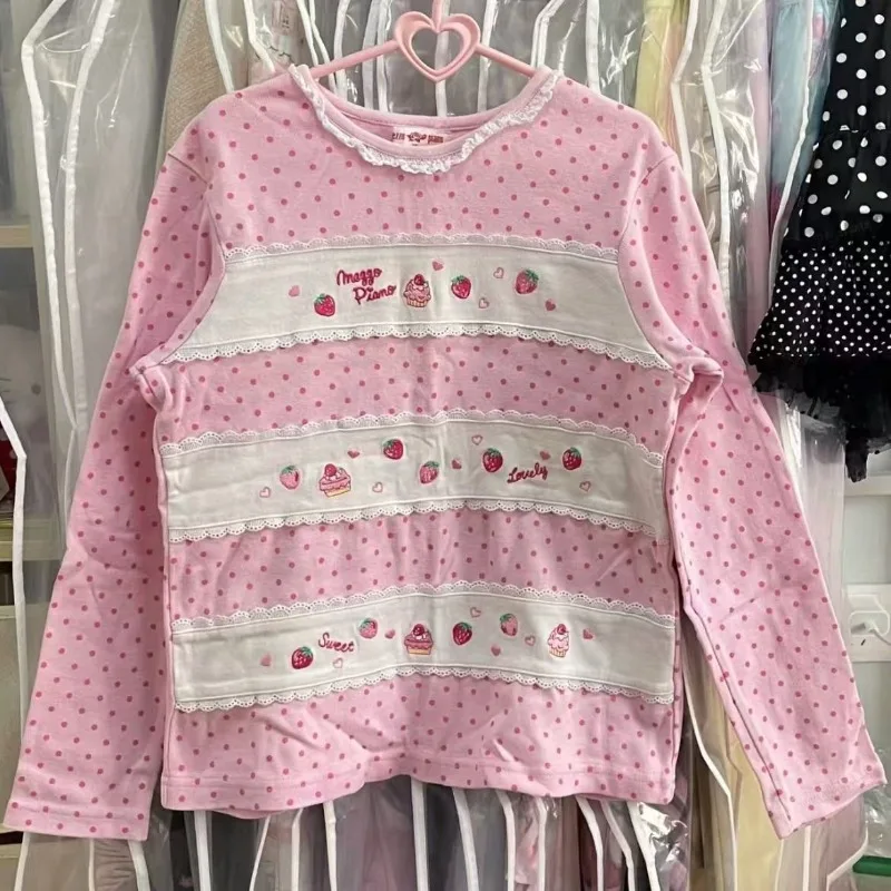 

HOUZHOU Pink Sweet Graphic T-Shirts Women Cutecore Lace Polka Dot Long Sleeve Tees Kawaii Aesthetic Japanese Fashion Loose Tops