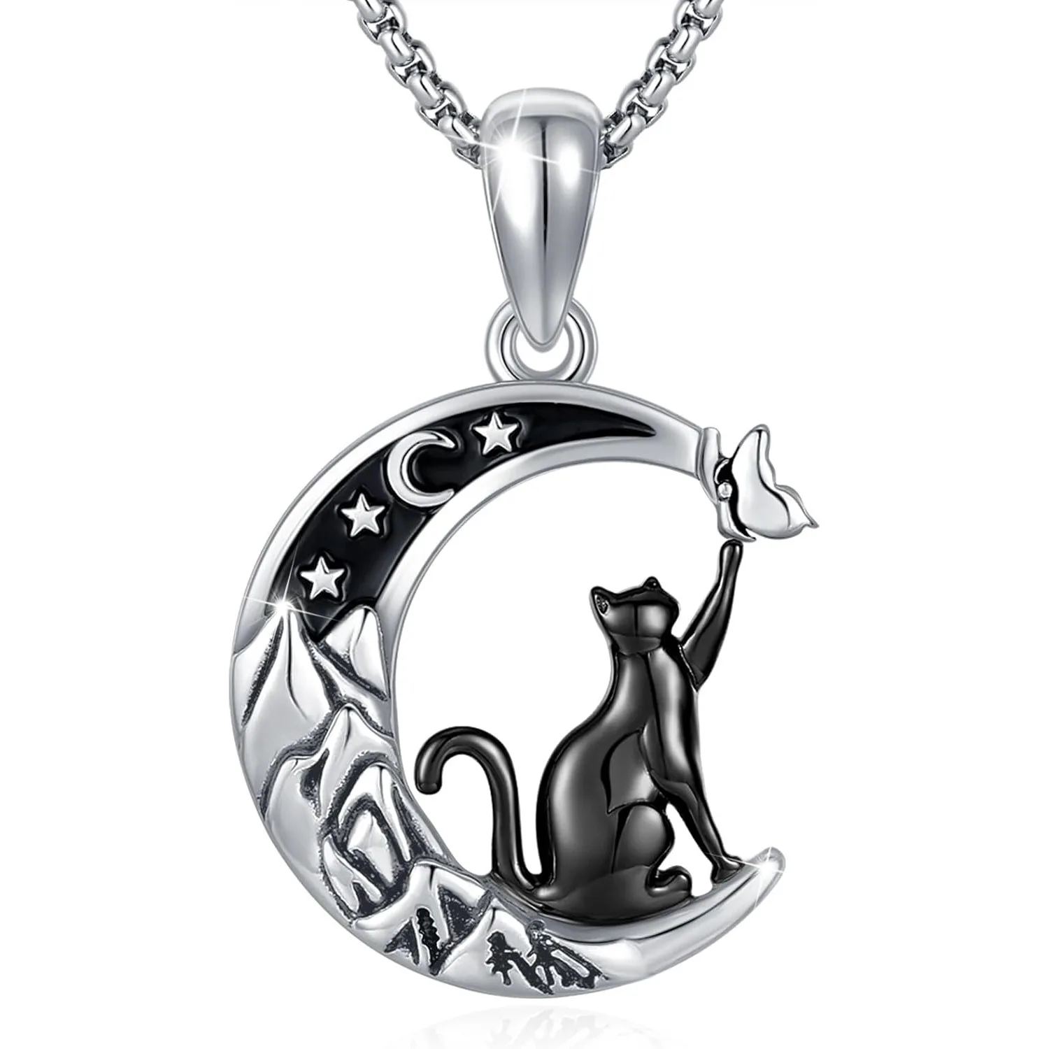 

Black Cat Necklace 925 Sterling Silver Gothic Jewelry Crescent Moon Necklace for Women Cat Gifts for Cat Lovers