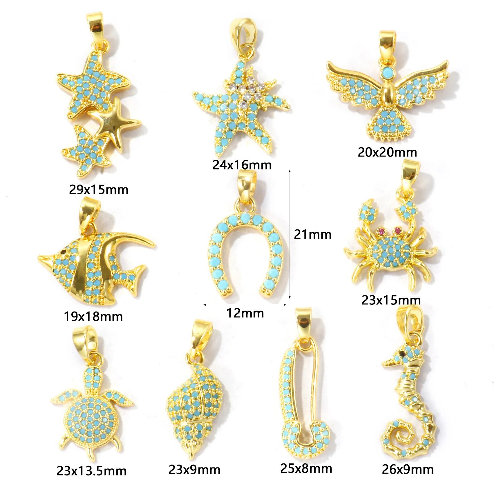 2pcs Micro Pave Blue Cubic Zirconia Pendants Luck Horseshoe Marine Fish Animal Brass Charms For Women DIY Necklace Jewelry Gift