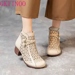 GKTINOO 2024 Summer Ankle Boots Genuine Leather Shoes Women Mid Heels Sandals Side Zip Boots Cutout Breathable Mujer Zapatos