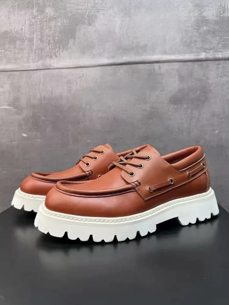 Vintage Mens Thick Platform Cowhide Genuine Leather Dress Shoes Lace Up Business Work Formal Shoes Autumn New Designer Footwear