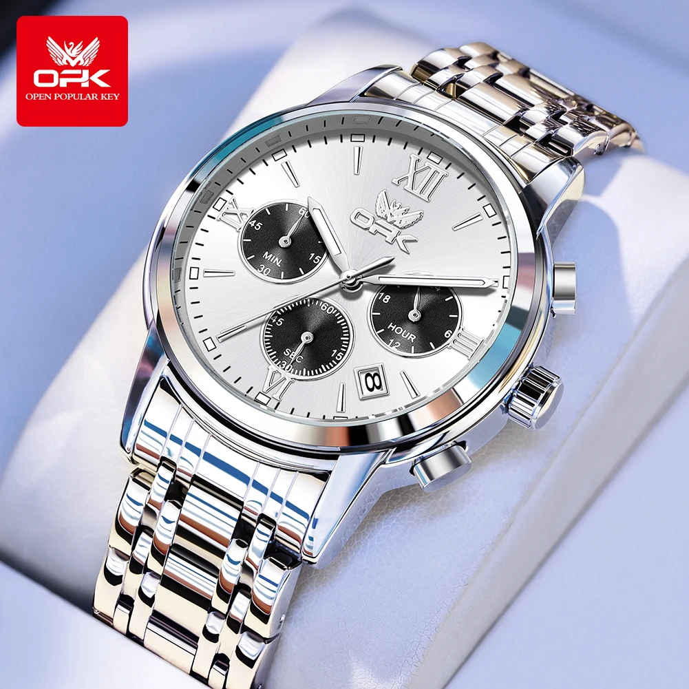 

OPK 6047, хронограф, кварцевые часы для мужчин, нержавеющая сталь, водонепроницаемые светящиеся классические брендовые мужские часы с тремя маленькими циферблатами