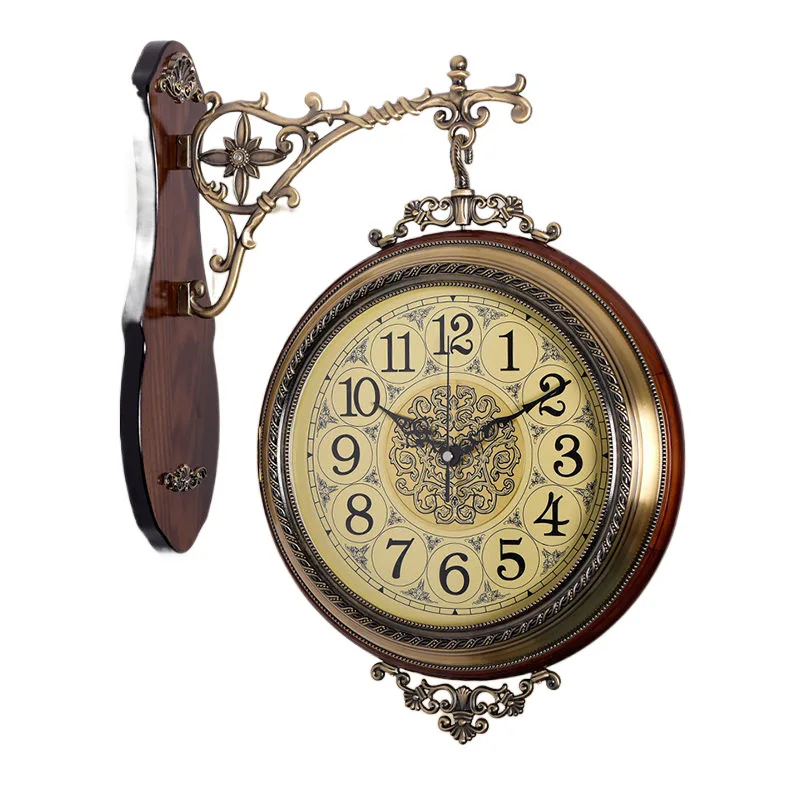 

Solid wood metal double-sided wall clock, silent wall watch on both sides of the living room