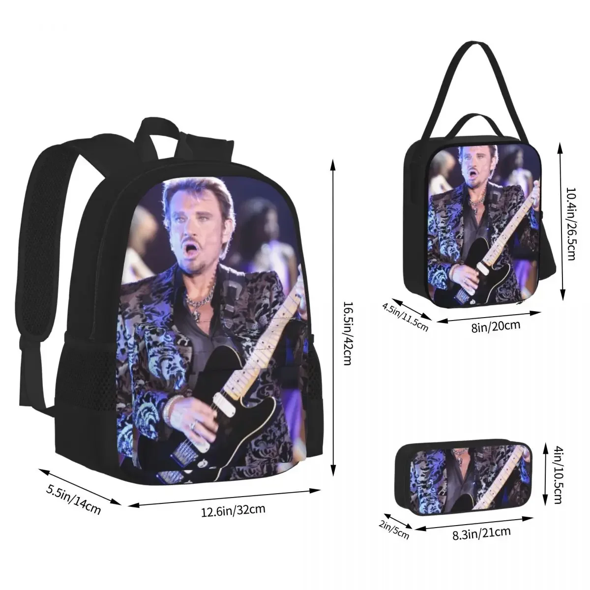 Johnny Hallyday Backpacks Boys Girls Bookbag Students School Bags Cartoon Kids Rucksack Lunch Bag Pen Bag Three-Piece Set