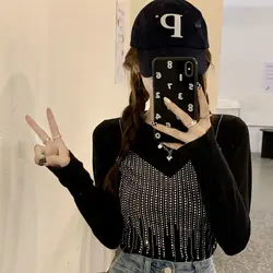 2024 Sequin Tshirts Loose Clothes Rhinestone Women's T Shirts White Glitter Female Tops Plain Korea Stylish Simple Cheap O Tees