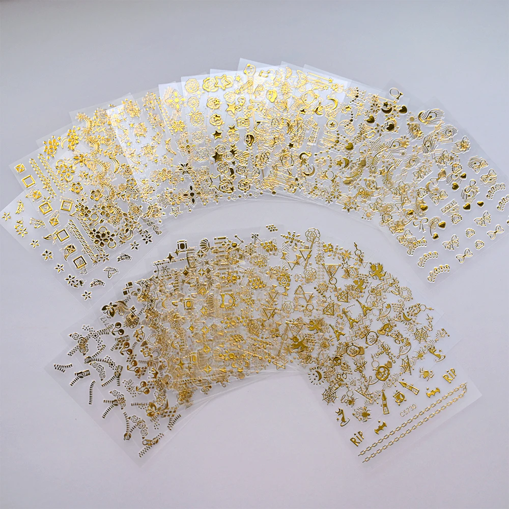 30 Stks/set 3d Bronzing Gouden Diamant Nail Stickers Geometrische Lijnen Streep Zelfklevende Emblemen Bloem Sliders Voor Nail Art Decoratie
