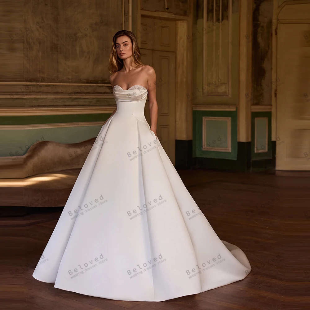 

Simple Wedding Dresses A Line Satin Bridal Gowns Strapless Robes Beading Appliques Floor Length Vestidos De Novia Customized
