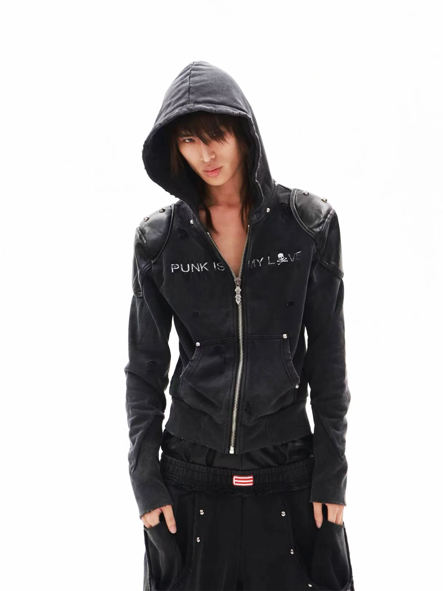 Jaqueta de Couro Desbotada Detw Skull Red Star com Zíper e Capuz, Estilo Streetwear para Homens e Mulheres, Casaco Curto Esti...