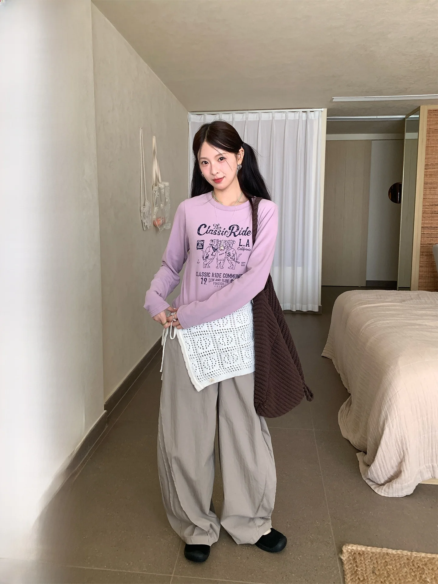 

COK 2026 Spring New Early Vintage American Flannel Long Sve T-irt Women's Slim Fit round Ne Letter Print Office Sle