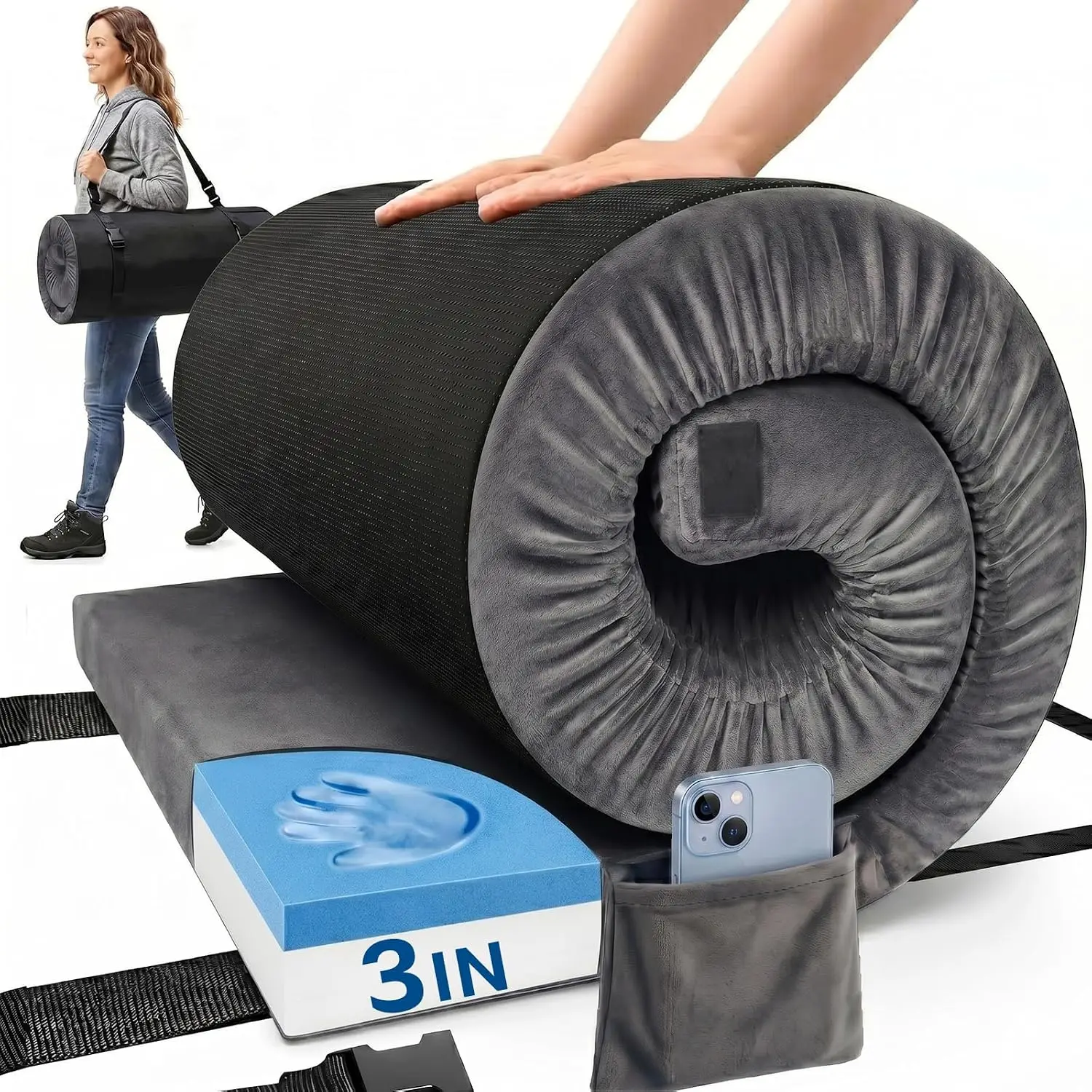 Camping Mattress Pad, 3 Inch Memory Foam Camping Mattress with Non-Slip Bottom & Washable Cover, Portable Roll Up Floor Camping