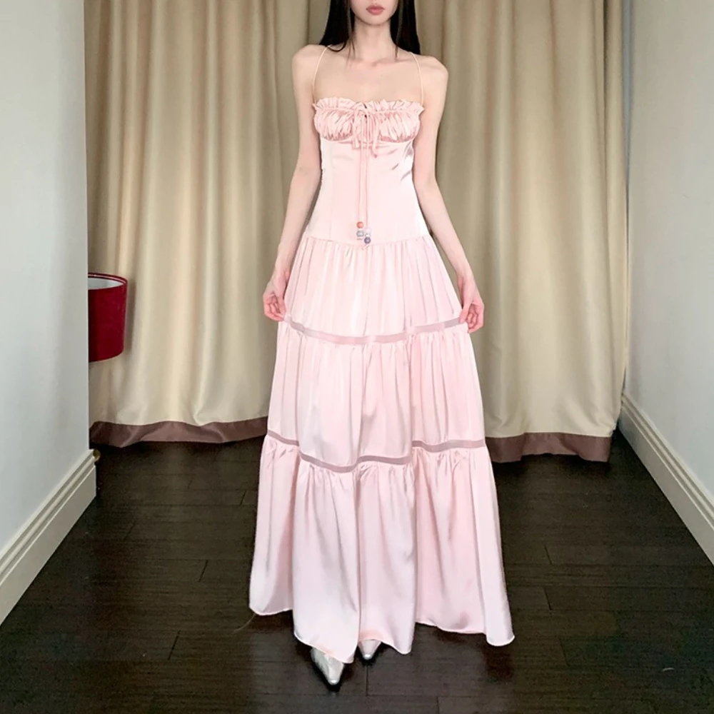 TWOTWINSTYLE Solid Slimming Spliced Shirring ชุดผู้หญิงที่ไม่มีสายหนัง SHEER Patchwork Lace Up Dress หญิงใหม่