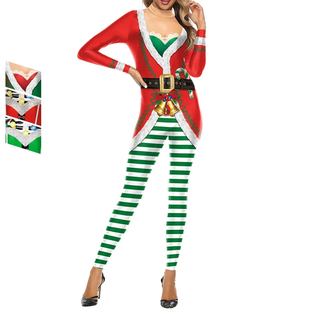 

2024 New Christmas Women Jumpsuit Sexy Long Sleeve 3D Print Bodysuit Holiday Party Funny Cosplay Costumes Carnival Performance