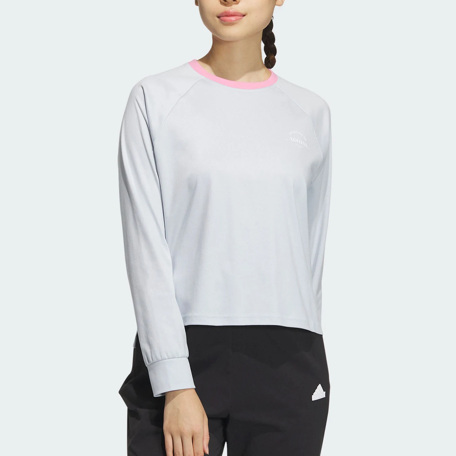 أديداس حقيقية ربيع جديد المرأة بسيطة عارضة جولة الرقبة طويلة الأكمام تي شيرت JE3618
