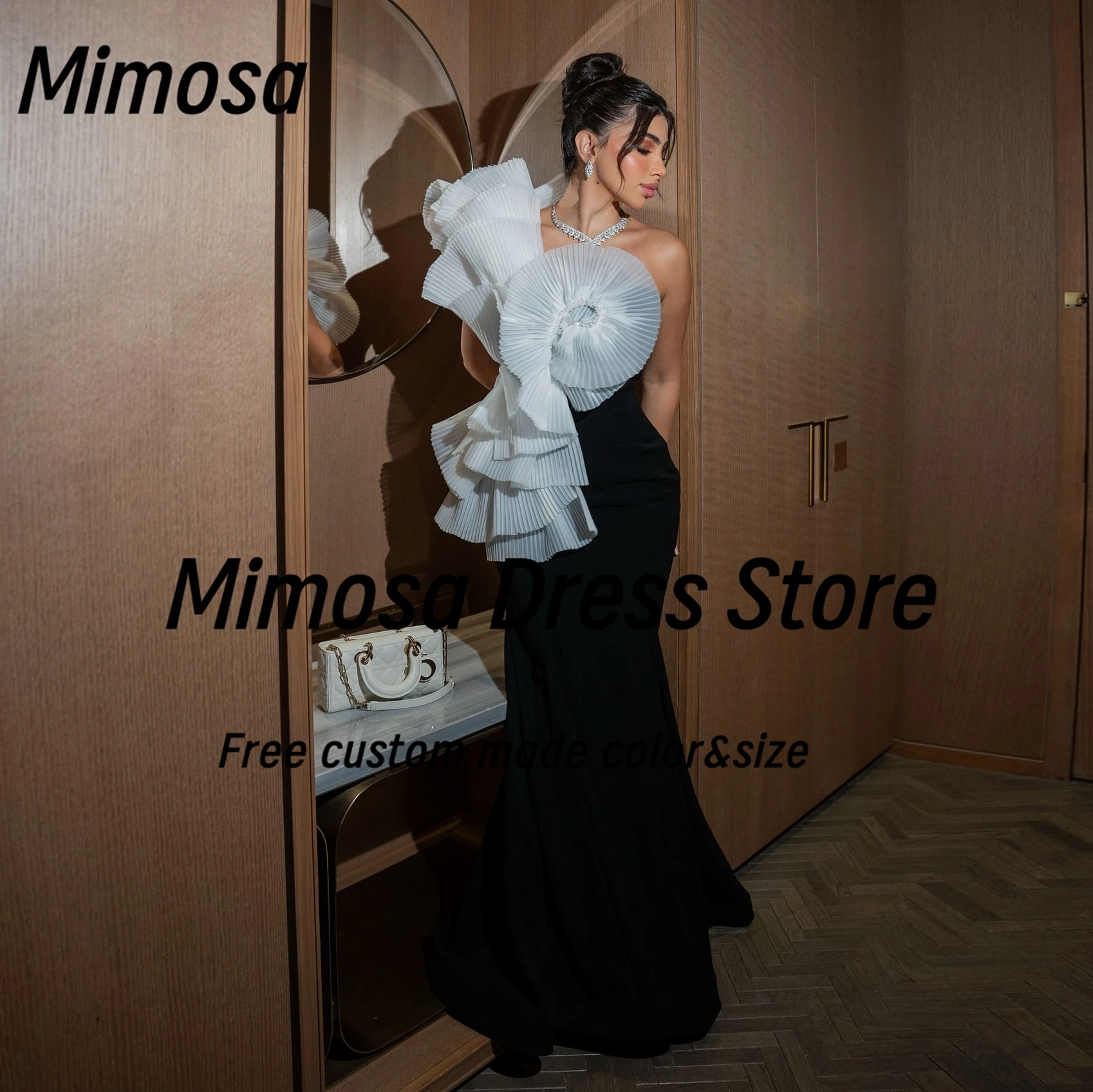 

Черные платья для выпускного вечера Mimosa с белыми складками, многоуровневые вечерние платья на одно плечо, сексуальная спина, Vestidos Des Fiesta, по индивидуальному заказу