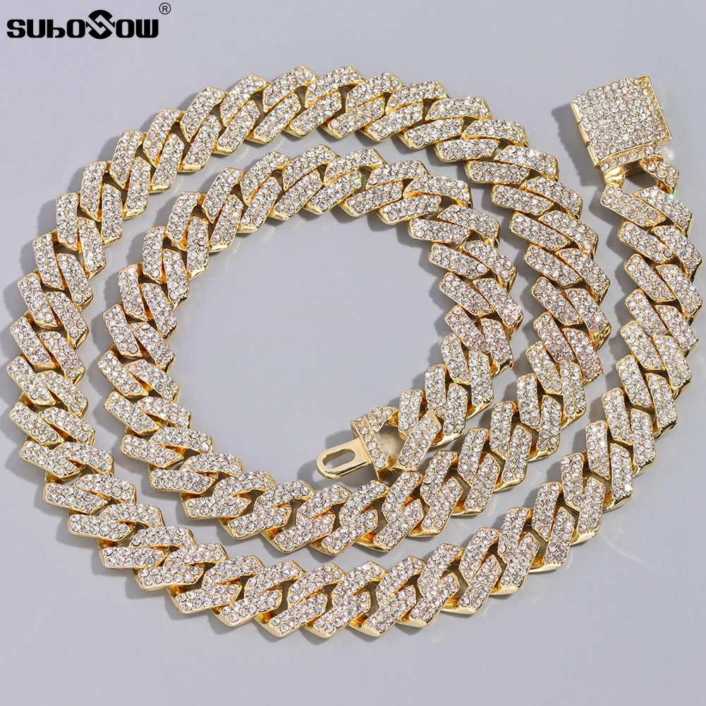 HipHop Men Women 14MM Prong Cuban Link Chain Necklace Bling Iced Out 2 Row Rhinestone Paved Miami Rhombus Cuban Necklace Jewelry