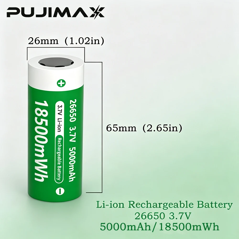 PUJIMAX 3.7V 26650 5000mAh Lithium Rechargeable Batteries for Flashlights Small Fans Built-in Cell Electric Lights Solar Lights