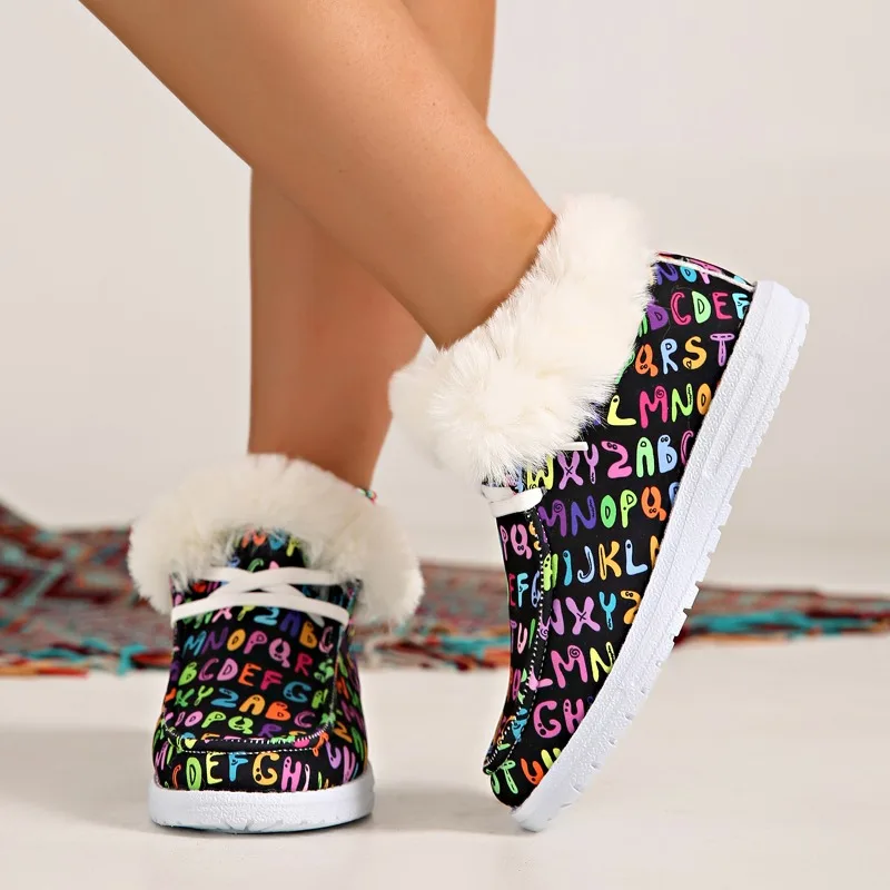 Women's Graffiti Print Canvas Shoes Fluffy Fleece Lined Low Top Sneakers Winter Warm Short Plush Women Ankle Boots Female Shoes