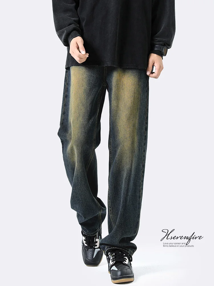 

Мужские джинсы в американском ретро-стиле, летние, новые, свободные, прямые, повседневные, широкие, длинные брюки, удобные, износостойкие, из смесового хлопка