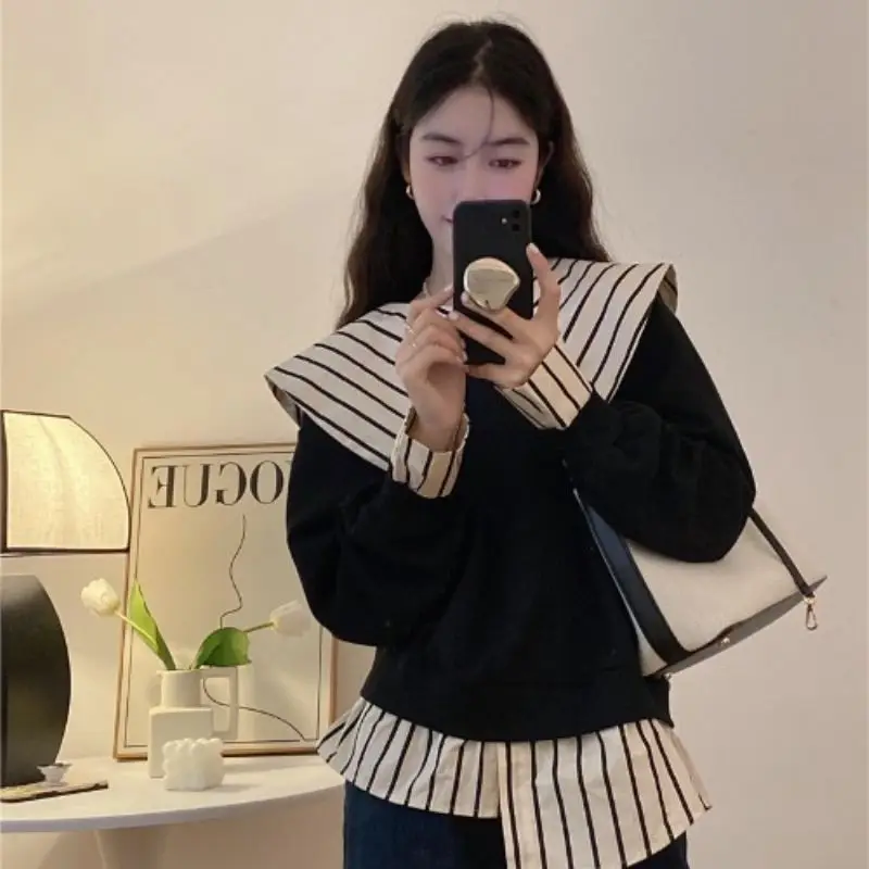 Fake Two Pieces Korean Version Of Loose Irregular Top Design Autumn New Korean Loose Tops Lapel Collar Striped Sweatshirt