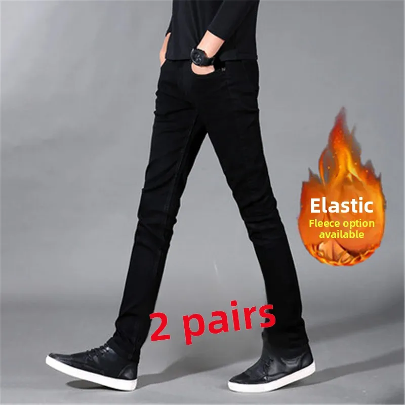 

Men's Thiened Fce Lined Casual Jeans Autumn Winter Spring Winter Long Pants Youth Trendy Wear Resistant Cotton Denim Jeans