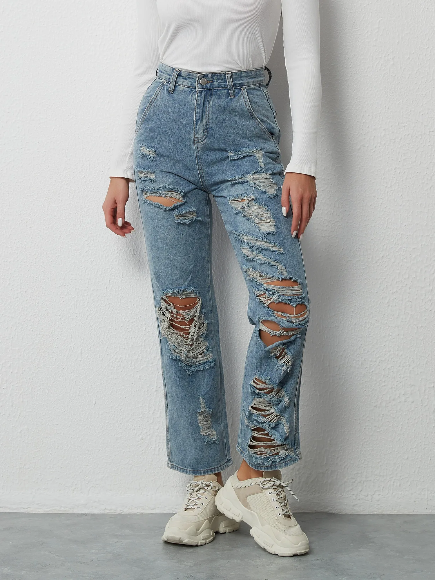 

ZHISILAO Baggy Ripped Jeans Women Hip Hop Streetwear Loose Hole Straight Denim Pants Summer 2022