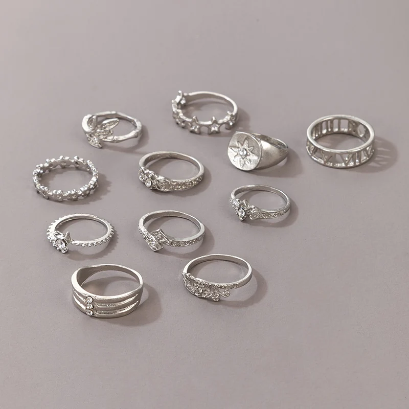Tocona 13pcs/sets Bohemian Silver Color Star Rings Sets for Wmen Shiny Crystal Stone Geometric Wedding Rings Jewerlry 14306