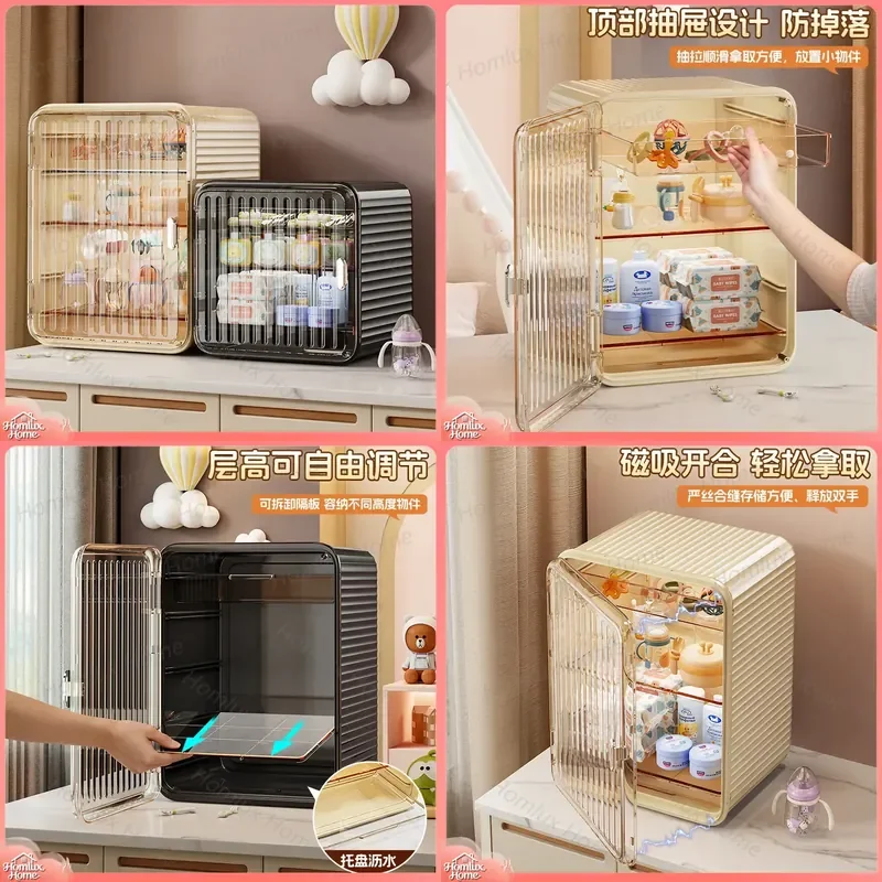 Baby Bottle Storage Cabinet Infant Feeding Table Desktop Cup Organizer Dust Box Baby Tableware Rack Nursery Storage Solution