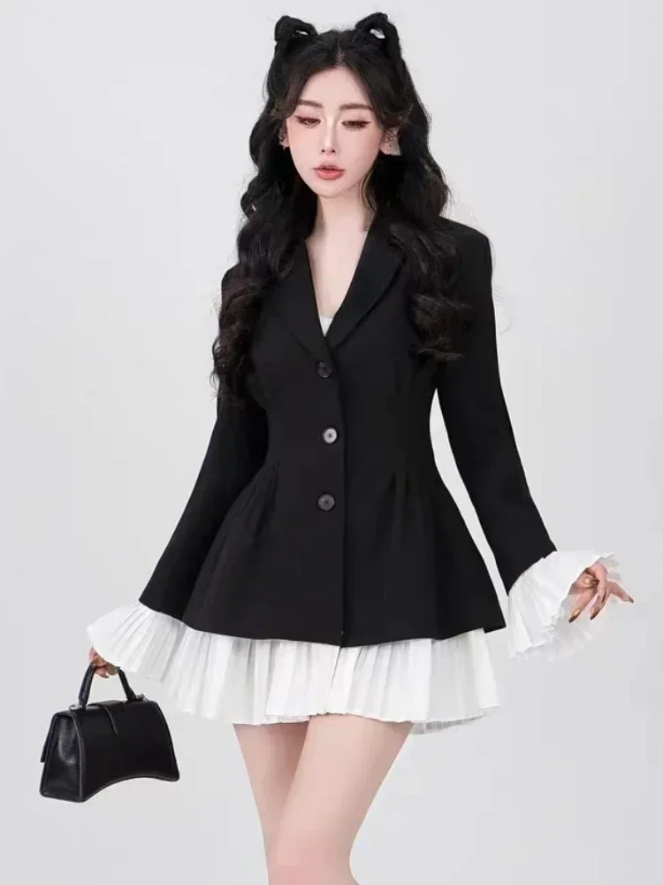 2023 Autumn Women Formal Blazer Lapel Collar Office Lady Korean Patchwork Contrast Color Outerwear Single Breasted Suit Jacket